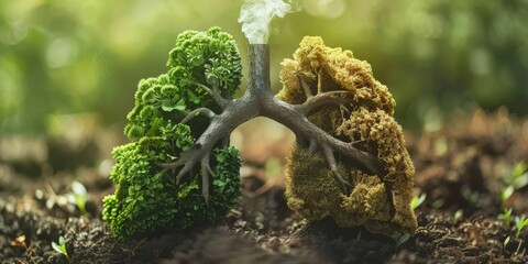 A tree with a leafy green trunk and branches is growing out of a lung. The lung is split in half, with one half being green and the other half being brown. Concept of the importance of trees - obrazy, fototapety, plakaty