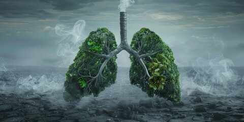 A lung made of trees is surrounded by smoke and steam. Concept of pollution and the negative effects of smoking on the environment - obrazy, fototapety, plakaty