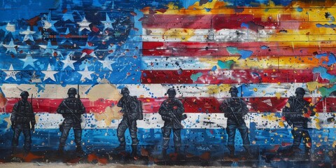 Fototapeta premium A mural of soldiers on a wall with a large American flag in the background. The soldiers are painted in black and white, and the flag is in red, white, and blue
