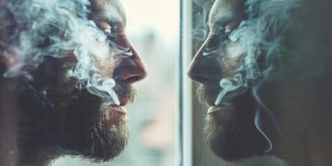 A man is smoking a cigarette and his reflection is visible in the mirror. Concept of loneliness and contemplation, as the man stares into the mirror while smoking - obrazy, fototapety, plakaty