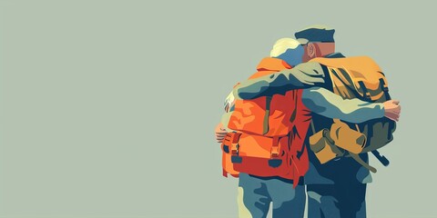 Two men hug each other while carrying backpacks. The scene is a representation of the bond between soldiers and their comrades - obrazy, fototapety, plakaty