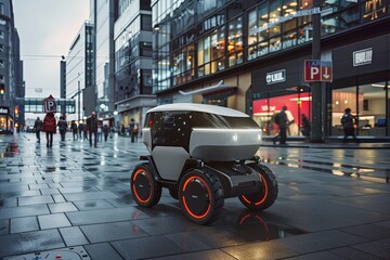 A vehicle robot delivery with spinning tires rolls down an futuristic city road - obrazy, fototapety, plakaty