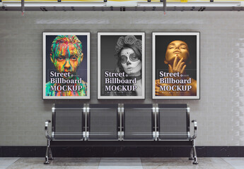 Subway Scene with 3 Advertisement Posters Mockup - obrazy, fototapety, plakaty