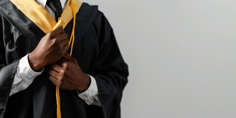 A man in a black graduation gown is adjusting his tie. Concept of accomplishment and pride, as the man is dressed in his graduation attire. The yellow tie adds a touch of color - obrazy, fototapety, plakaty