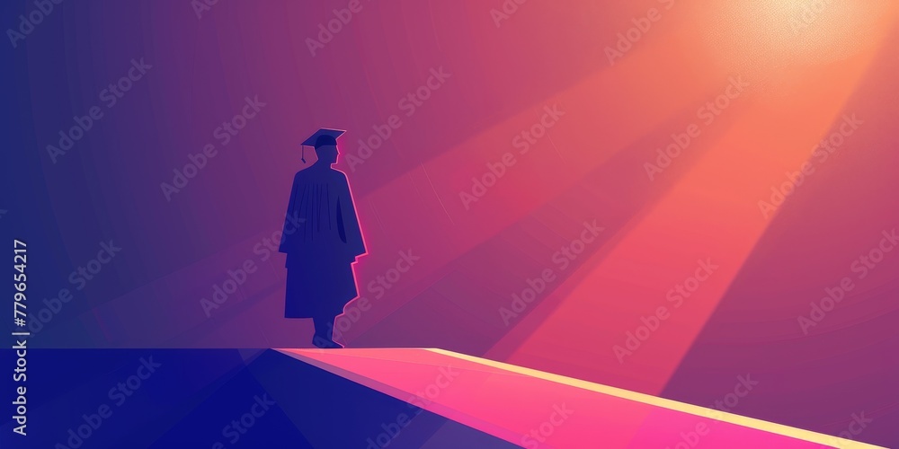 Poster a person is standing on a ledge with a sun shining on them. the image has a mood of solitude and con