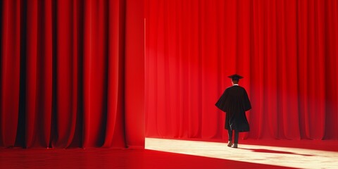 A man in a black robe walks through a red curtain