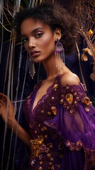 portrait of a woman in a purple dress decorated with yellow crystals and chandelier earrings. 