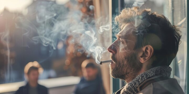 A man smokes a cigarette while looking out the window. Concept of relaxation and contemplation, as the man takes a break from his daily routine to enjoy a cigarette