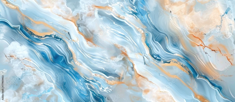 Poster close-up view of a unique blue and orange pattern on a marble surface, showcasing intricate details