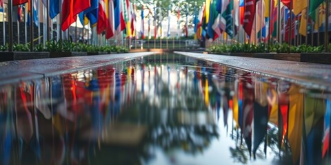 A row of flags are reflected in a body of water. The flags are of many different colors and sizes