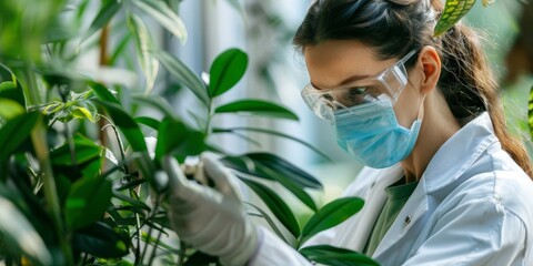 A woman in a lab coat is wearing a mask and gloves while working with plants. She is focused on her task and she is careful and cautious