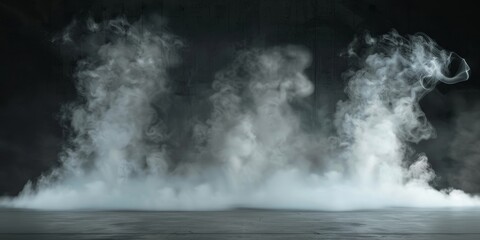 A black background with smoke and steam rising from the ground. Scene is mysterious and ominous
