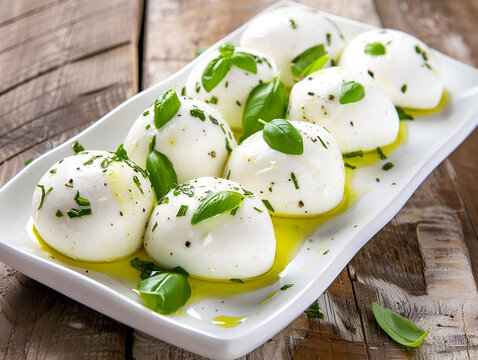 Freshly sliced mozzarella balls drizzled with olive oil and sprinkled with basil leaves