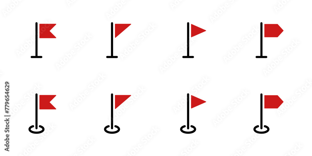 Poster flag marker red icon set. start and finish simple signs. pennant, pole, pointer, location and event 
