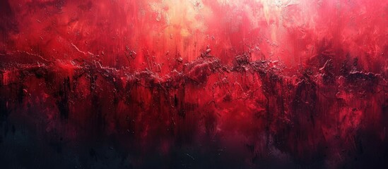 A group of people are gathered in a dimly lit room, facing a vibrant red background resembling the sky at sunset. The atmosphere feels mysterious and captivating - obrazy, fototapety, plakaty