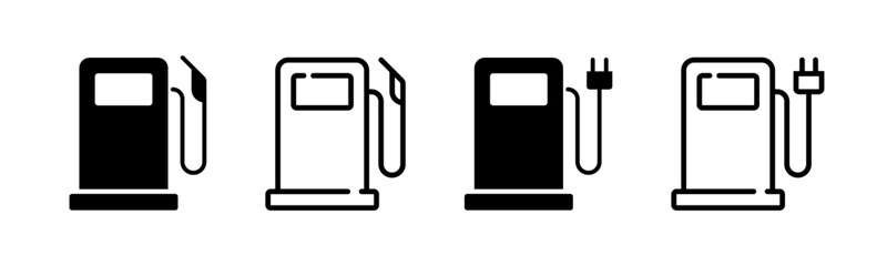 Gas pump and electric charge station vector icons. Gasoline station symbol. Fuel, oil, pump, tank, diesel signs. Nozzle silhouette. Car and automobile refuel service illustration isolated.