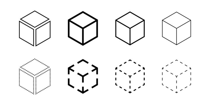 Isometric abstract cube vector icon set. Geometric block, box or brick logo. Dotted, dashed, outline, solid isolated illustrations. Wireframe 3d sign. Square three-dimensional frame.