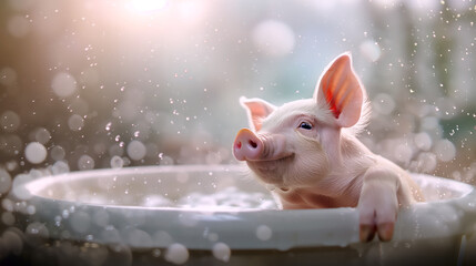 Playful piglet enjoying a bubble bath with a dreamy sparkle in the background. A warm light bathes the scene as the piglet gazes out with curiosity
