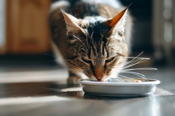Tabby cat eating canned tuna on a plate on the floor Server fish soup