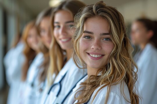 A confident young female medical student is in focus, with her peers blurred in the background, all wearing white coats