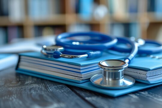 Highly detailed image of a blue stethoscope lying across medical books, depicting healthcare education