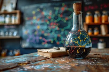 Vintage-style glass flask with a hand-drawn chemical structure sits on a wooden desk with a book and chalkboard in background - obrazy, fototapety, plakaty