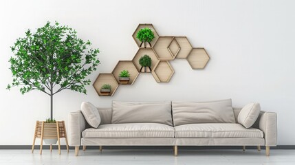 Fototapeta na wymiar A modern living room interior with a stylish sofa and many wooden polygon boxes mounted on the wall, each filled with vibrant green plants in vase 