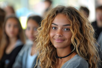 A calm young woman with golden curly hair and a serene smile is in a school setting - obrazy, fototapety, plakaty