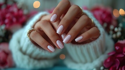 Close-up of female hands with beautiful manicure on nails. - obrazy, fototapety, plakaty