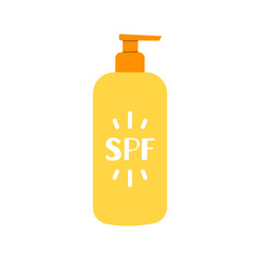 Sunscreen product flat vector isolated illustration. Skincare cosmetic for sun protection. Spf dispenser