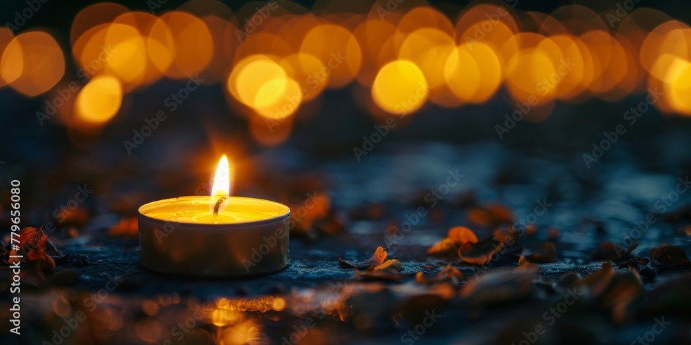 Poster a candle is lit on a table with a pile of leaves. the candle is the only source of light in the scen