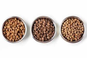 Fototapeta premium Three dishes of dry pet food in a metal bowl on white background from various angles