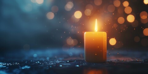 A candle is lit on a table with a blue background. The candle is the main focus of the image, and it creates a warm and cozy atmosphere. The blue background adds a sense of calmness - obrazy, fototapety, plakaty