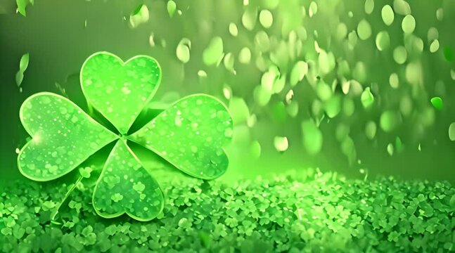 St Patricks Day background effect Four Clover leaf Green particles appear and forming the shape of clover or shamrock St Patricks day background Irish tradition concept Copy space Saint Pat
