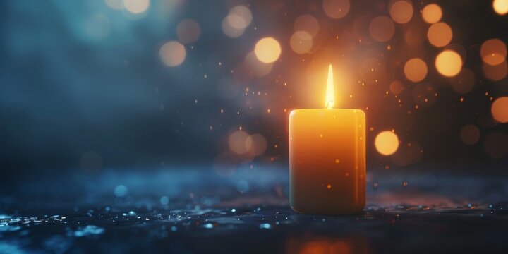 A candle is lit on a table with a blue background. The candle is the main focus of the image, and it creates a warm and cozy atmosphere. The blue background adds a sense of calmness