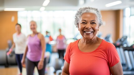 Portrait of a happy elderly mulatto woman standing in front of friends at the gym. The concept of an active lifestyle and healthy old age