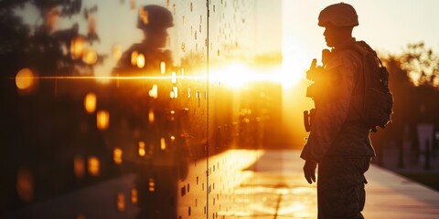 A soldier stands in front of a wall with a sunset in the background. Concept of solemnity and respect, as the soldier is likely at a memorial or a place of remembrance - obrazy, fototapety, plakaty