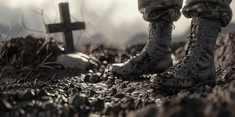 Fototapeta na wymiar A pair of boots are standing in a muddy field next to a cross. Concept of desolation and abandonment, as if the boots