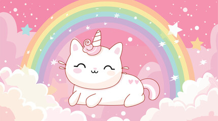 Kawaii Cat cartoon in unicorn vector on rainbow cute