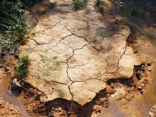 A cracked, dry, and rocky surface with a small body of water in the center. Concept of desolation and emptiness, as the cracked ground and dried out plants suggest a harsh and barren environment