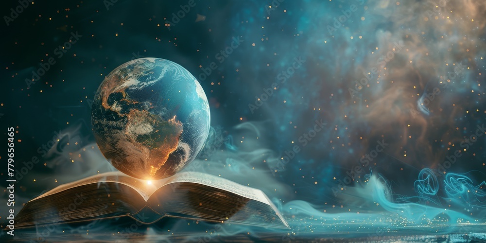 Poster a book is open to a page with a globe on it. the globe is surrounded by smoke and the sky is blue. s