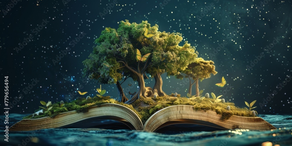 Aufkleber a book is open to a page with a tree on it. the tree is surrounded by water and there are butterflie