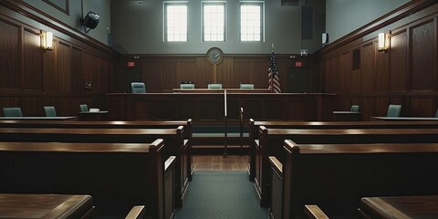 A courtroom with wooden benches and a clock on the wall. The room is empty and quiet. The chairs are arranged in rows, and the benches are empty