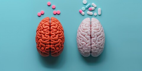 Two brains, one red and one white, with pills scattered around them. The pills are in different colors and sizes, and they are placed on a blue background - obrazy, fototapety, plakaty