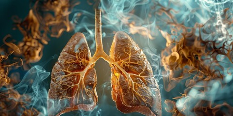 A close up of a lung with smoke surrounding it. The smoke is orange and yellow, and the lung is brown. Concept of danger and illness, as the lung is diseased and the smoke is harmful - obrazy, fototapety, plakaty