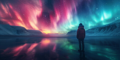 man standing on ice of a lake on the background of colorful polar northern lights in night starry sky with aurora borealis in winter