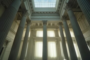 This photo captures the grandeur of a large room with towering columns and a stunning skylight, A Neoclassical courthouse with massive columns, AI Generated