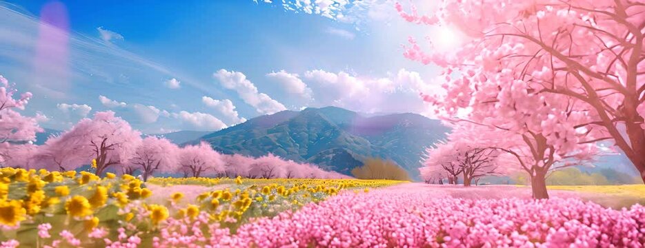 Spring cherry blossom festival in Japan: an image of sunflower fields dotted with beautiful cherry blossom trees under blooming cherry blossoms. Art illustration. 4K Video
