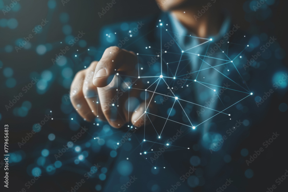 Poster Man hand touching Global Internet connection. Financial and Digital link tech big data.