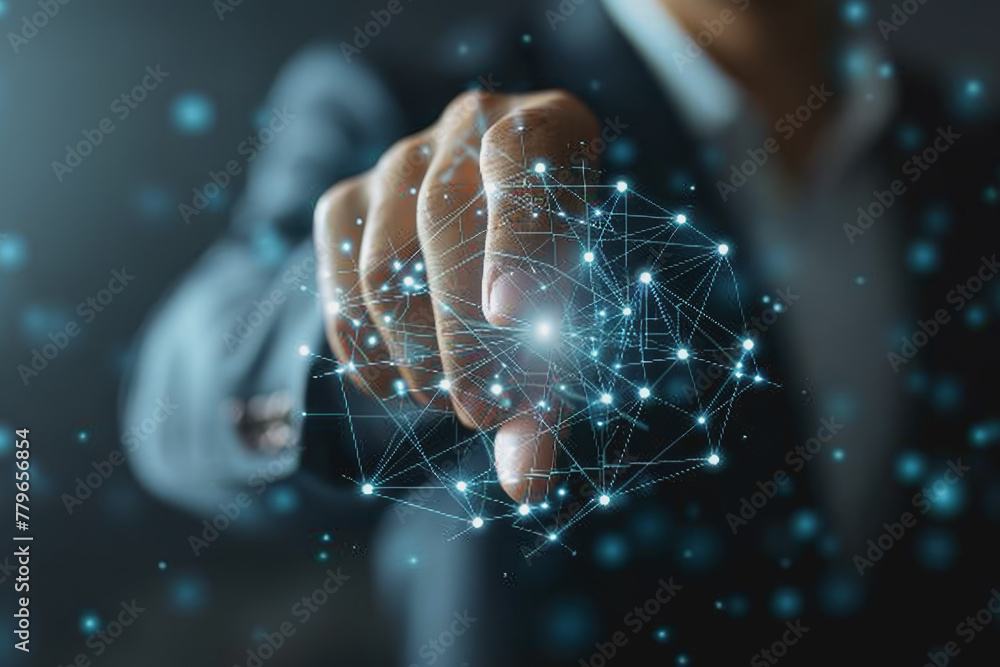 Poster man hand touching global internet connection. financial and digital link tech big data.